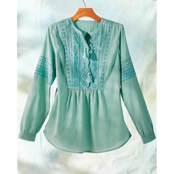 Soft Surroundings XS Embroidered Sequined Tassel Picturesque Blouse Top Boho - Picture 9 of 9